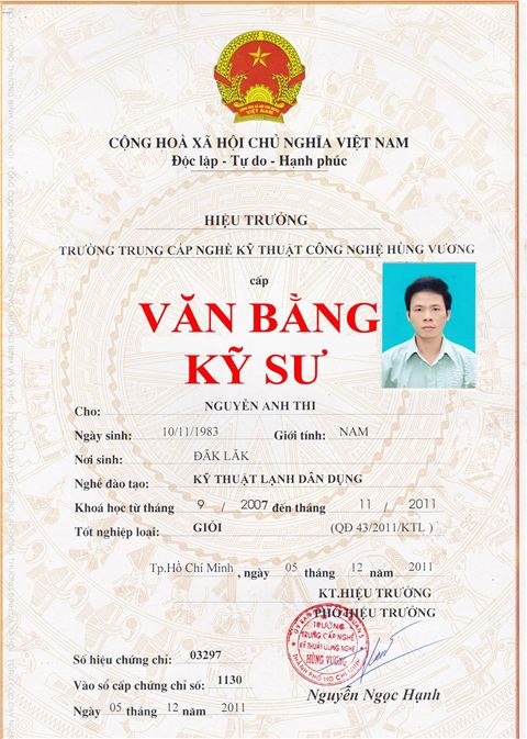 NGUYỄN KIM Sửa Máy Lạnh, Máy Giặt, Tủ Lạnh, Tivi Tại Nhà Văn bằng Kỹ sư ngành Kỹ thuật lạnh dân dụng của kỹ thuật viên Trung Tâm NGUYỄN KIM